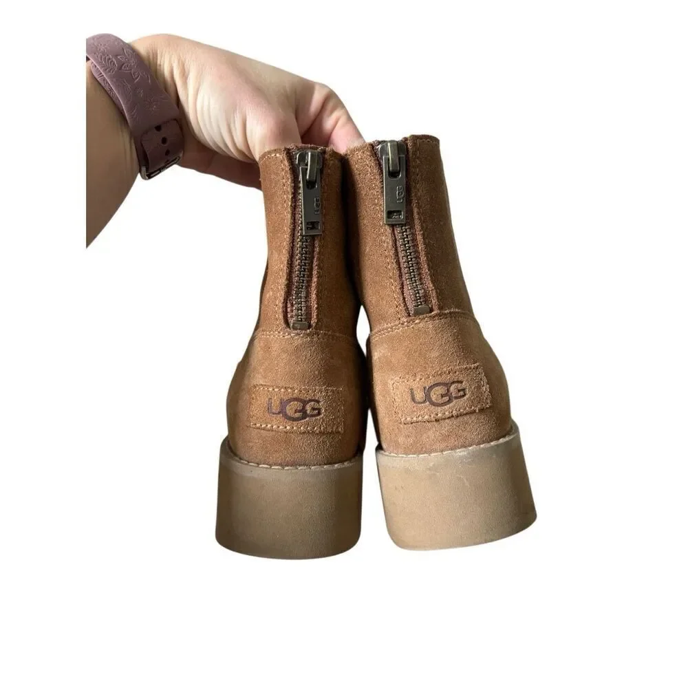 UGG Classic Rising‎ Heel Platform Zip Boots size 7 Suede Tan Chestnut